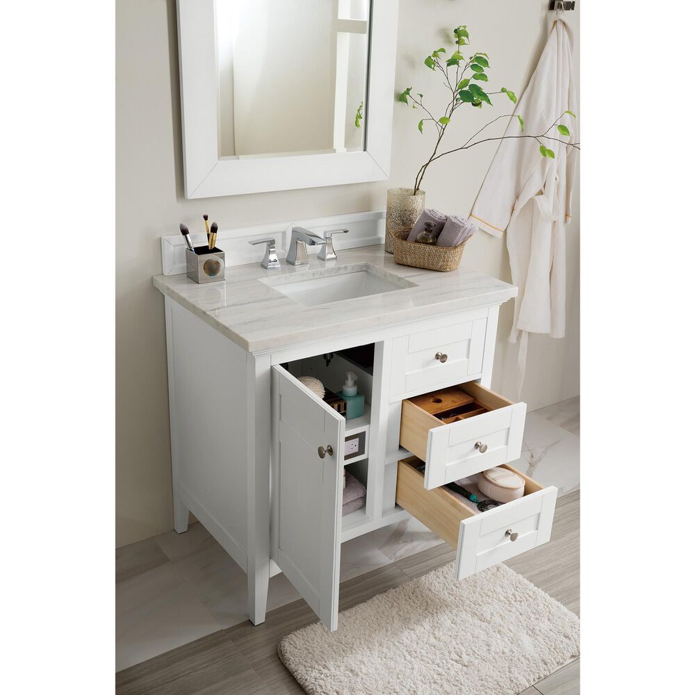 James Martin Vanities Palisades 36&quot; Single Bathroom Vanity in Bright White with 3 cm Arctic Fall Solid Surface Top and Rectangular Sink, , large