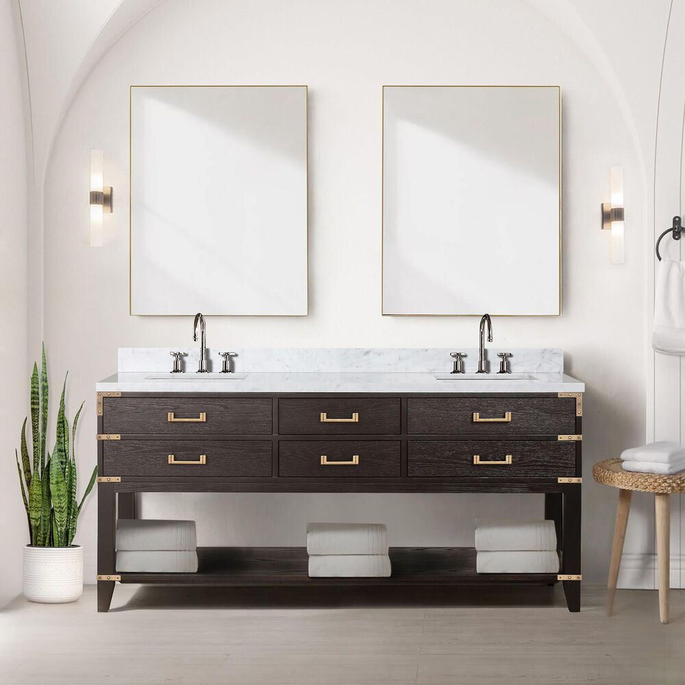 Lexora Home Norwalk 72&quot; Double Bathroom Vanity in Brown Oak with White Carrara Marble Top and Rectangular Sinks, , large