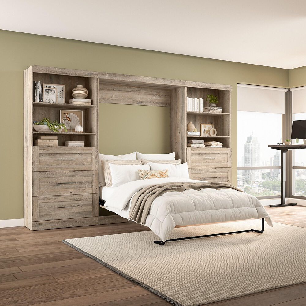 Bestar Pur 130&quot; Full Murphy Storage Bed with 6-Drawer in Rustic Brown, , large