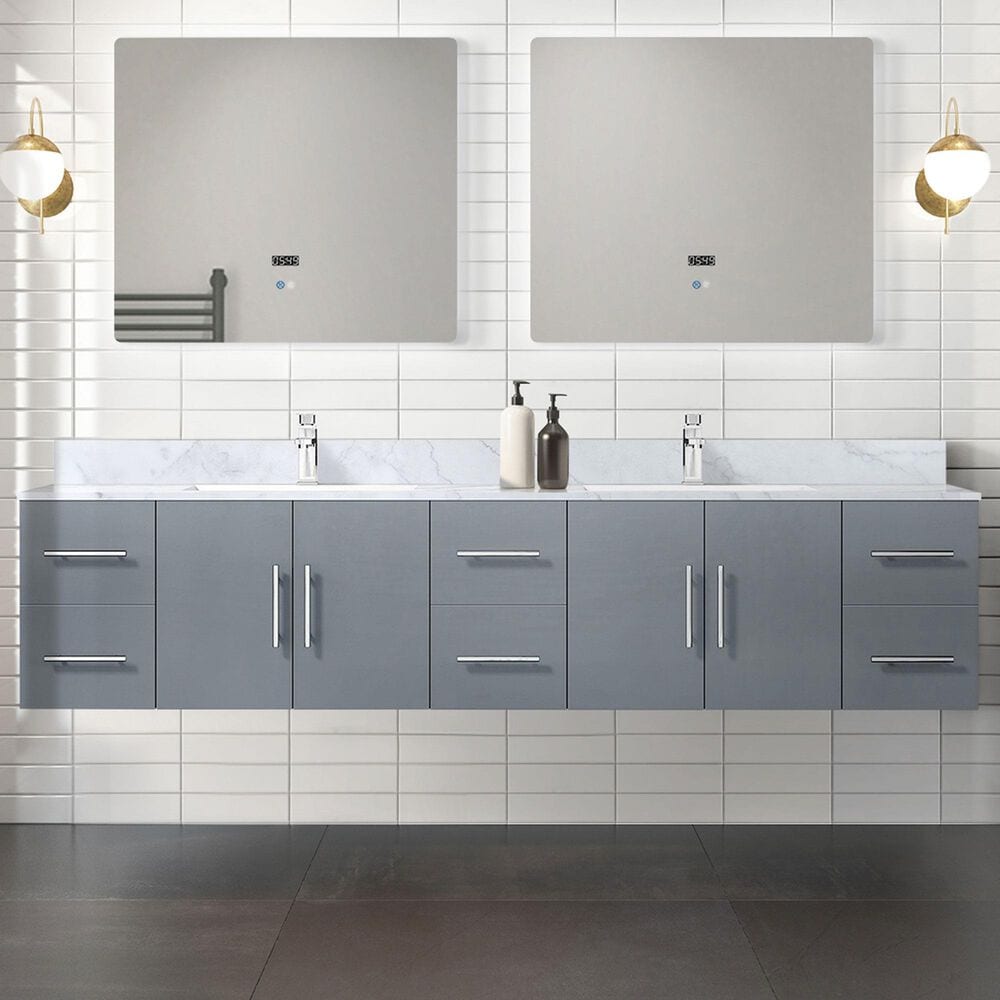 Lexora Home Geneva 84&quot; Double Bathroom Vanity in Dark Grey with 2 cm White Carrara Marble Top and Rectangular Sinks, , large