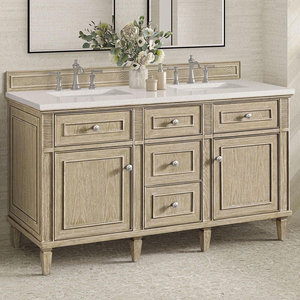 James Martin Vanities Lorelai 60&quot; Double Vanity in Whitewashed Oak with 3 cm Lime Delight Quartz Top, , large