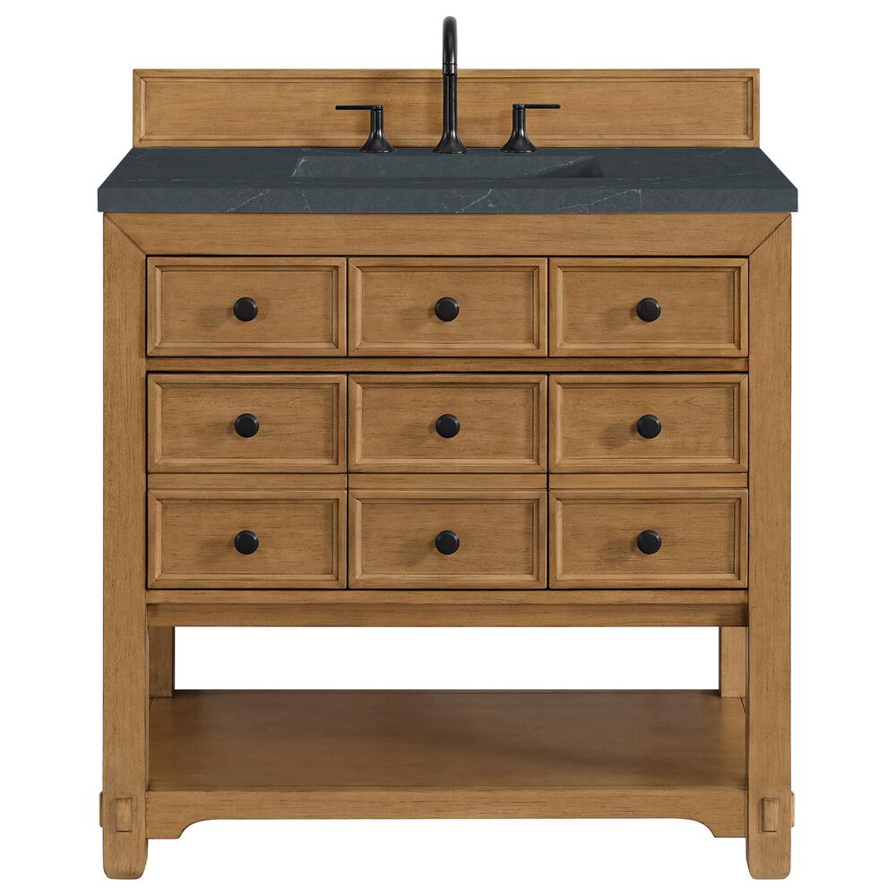 James Martin Malibu 36" Single Bathroom Vanity in Amber Birch with 3 cm Charcoal Soapstone Quartz Top and Rectangular Sink, , large