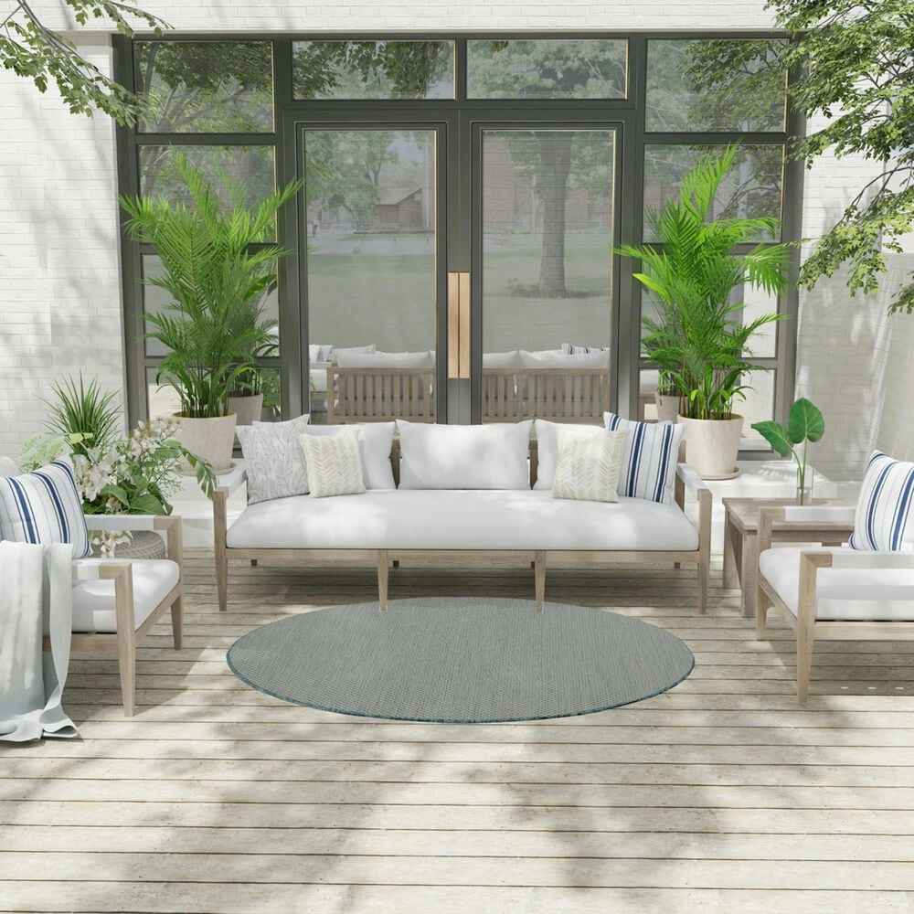 Nourison Courtyard Ivory and Aqua 5&#39; Round Indoor/Outdoor Area Rug, , large