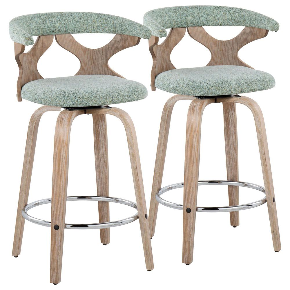 LumiSource Gardenia Swivel Fixed-Height Counter Stool with Seafoam Green Fabric Upholstery in Chrome and Whitewashed (Set of 2), , large
