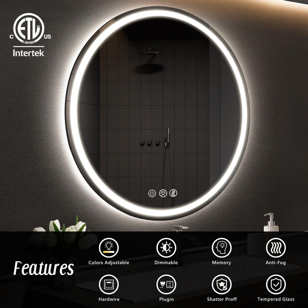 HOMLUX 36" Round LED Bathroom Makeup Mirror in Silver, , large