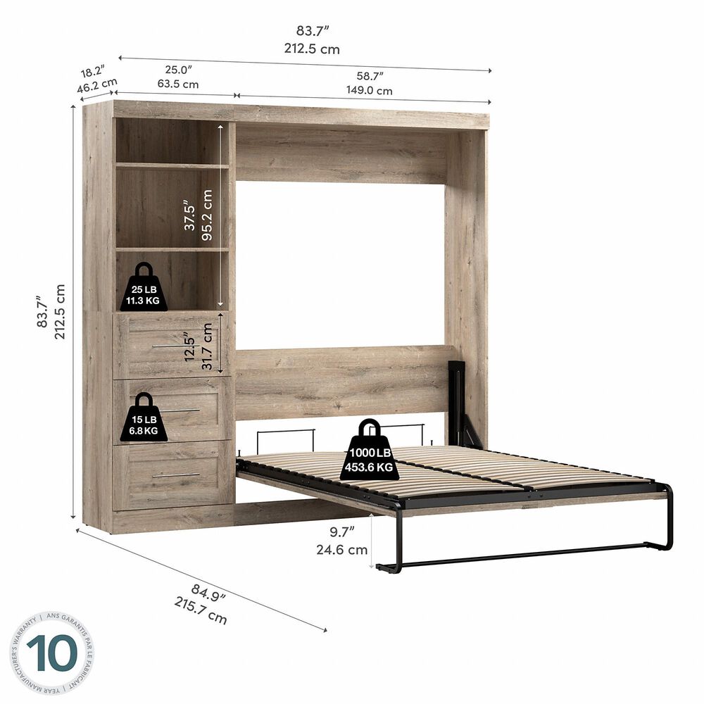 Bestar Pur 84&quot; Full Murphy Storage Bed with 3-Drawer in Rustic Brown, , large