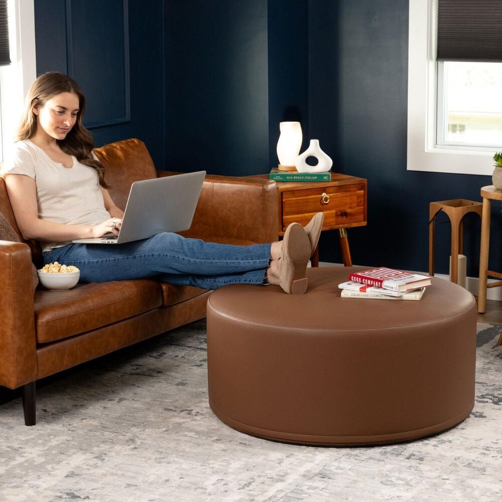 Jaxx Candler Faux Leather Ottoman in Walnut, , large