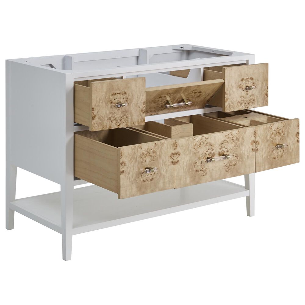 James Martin Vanities Olena 36&quot; Single Vanity in Light Mappa Burl and Polished White with Single Hole 3 cm White Zeus Quartz Top &amp; Backsplash, , large