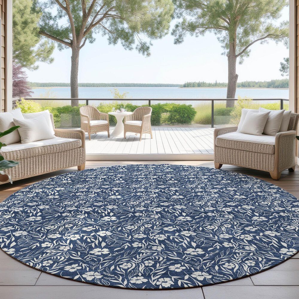 Dalyn Rug Company Soft Essentials Floral Navy 8' Round Indoor/Outdoor Area Rug, , large