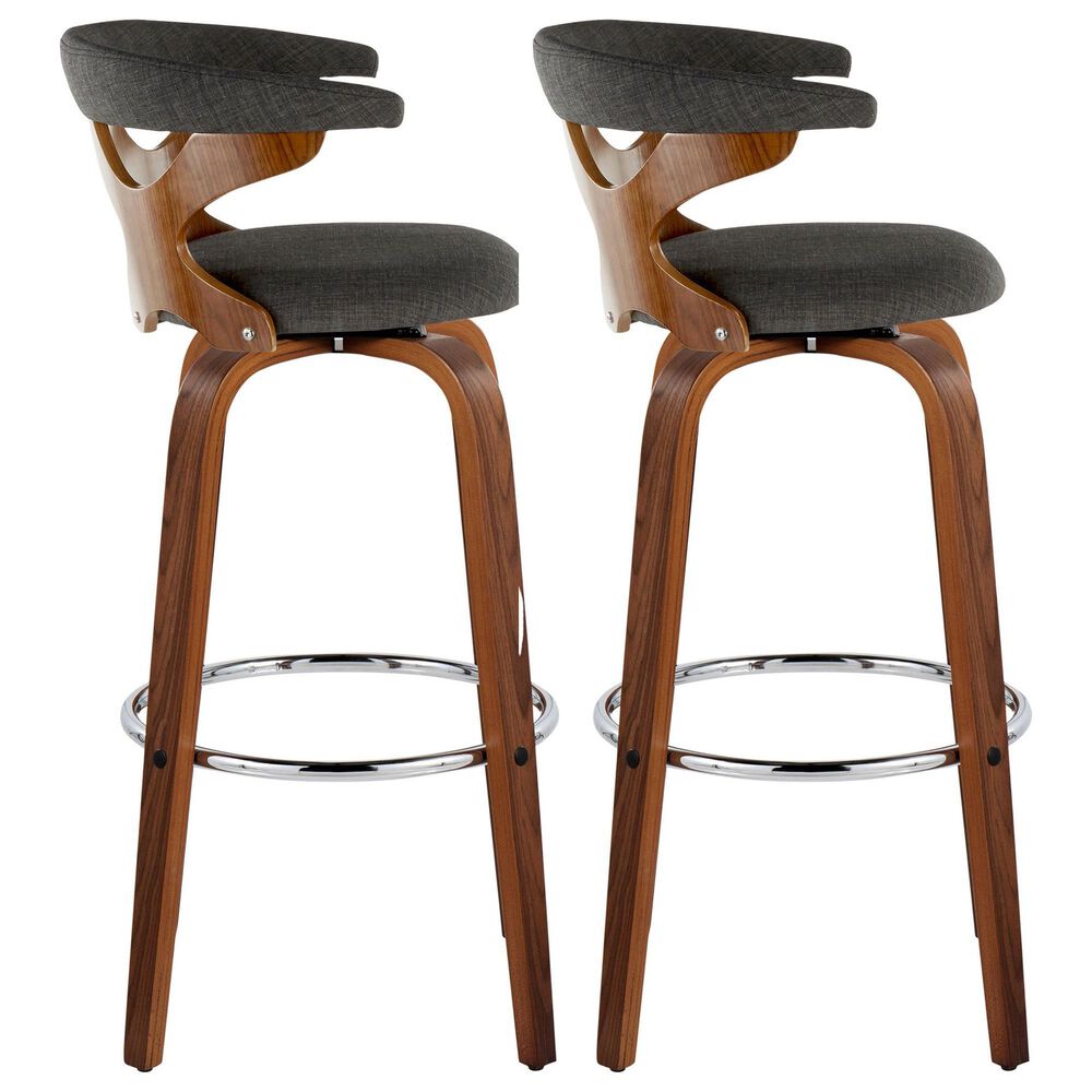 LumiSource Gardenia Swivel Fixed-Height Bar Stool with Charcoal Fabric Upholstery in Chrome and Walnut (Set of 2), , large
