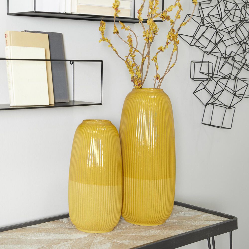Maple and Jade 2-Piece Decorative Vase Set with Vertical Line Pattern in Polished Yellow, , large