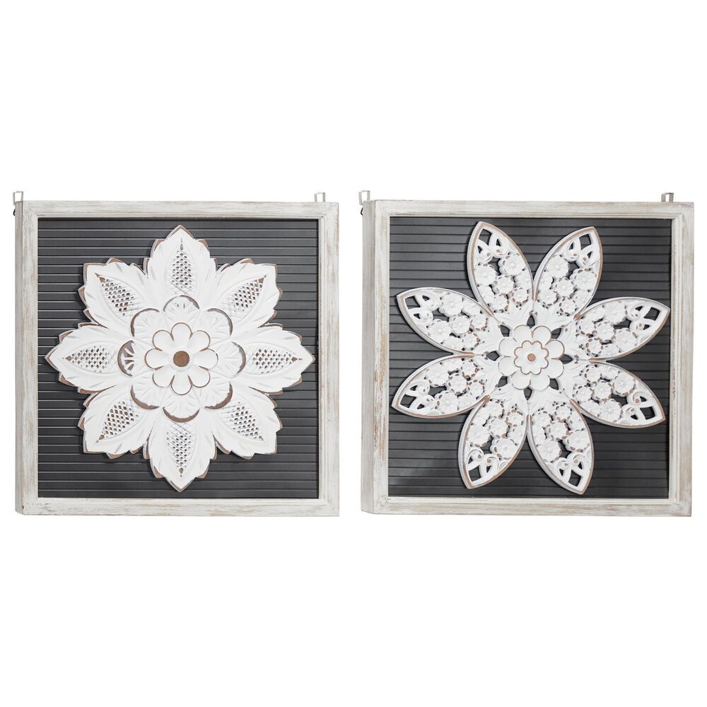 Maple and Jade 18.5" x 18.5" Wood Flower Wall Decor in White and Brown (Set of 2), , large