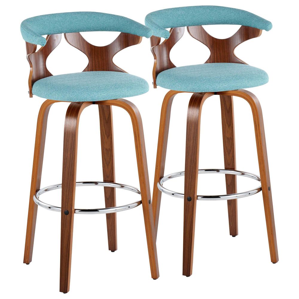 LumiSource Gardenia Swivel Fixed-Height Bar Stool with Teal Fabric Upholstery in Chrome and Walnut (Set of 2), , large