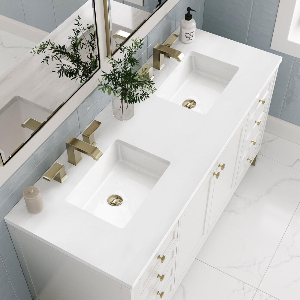 James Martin Vanities Chicago 60&quot; Double Bathroom Vanity in Glossy White with 3 cm White Zeus Quartz Top and Rectangular Sinks, , large