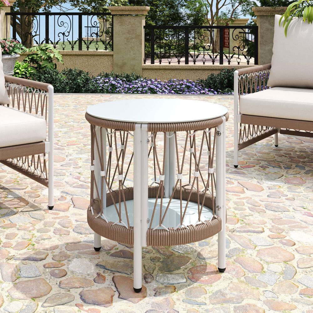 Hearth and Haven Outdoor Handwoven Rope Side Table with Glass Top in Beige and Natural, , large