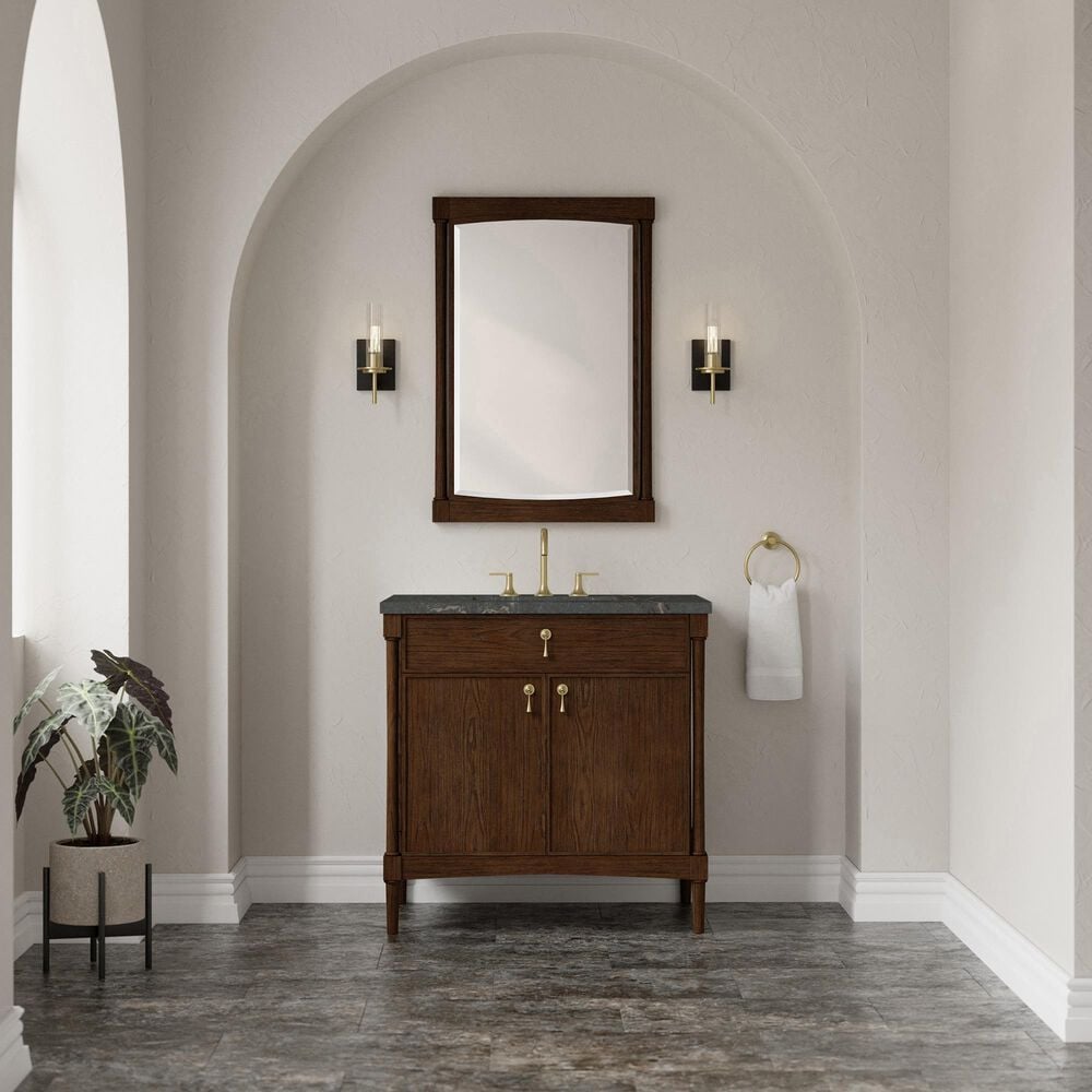 James Martin Kinnsden 36" Single Bathroom Vanity in Sable Oak with 3 cm Parisien Bleu Silestone Top and Rectangular Sink, , large