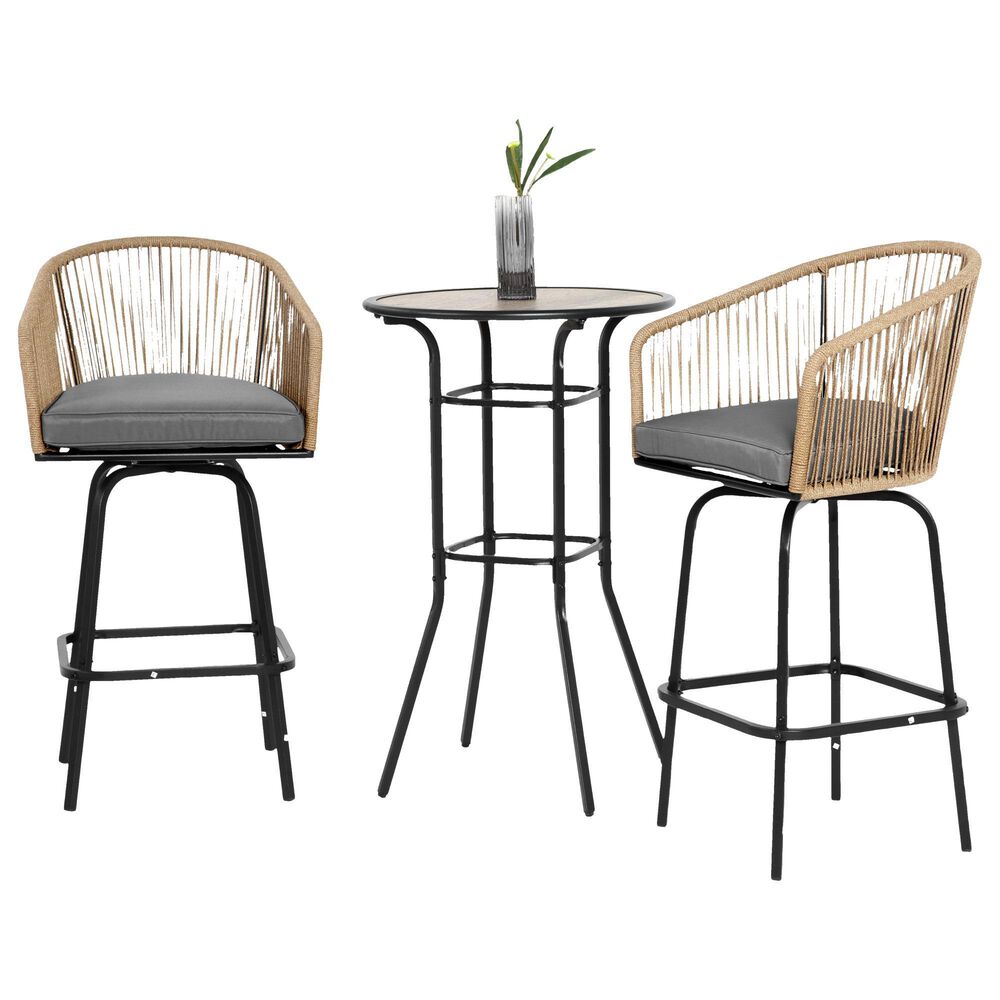 Hearth and Haven 3-Piece Outdoor Patio Bar Set with Gray Cushion in Black, , large