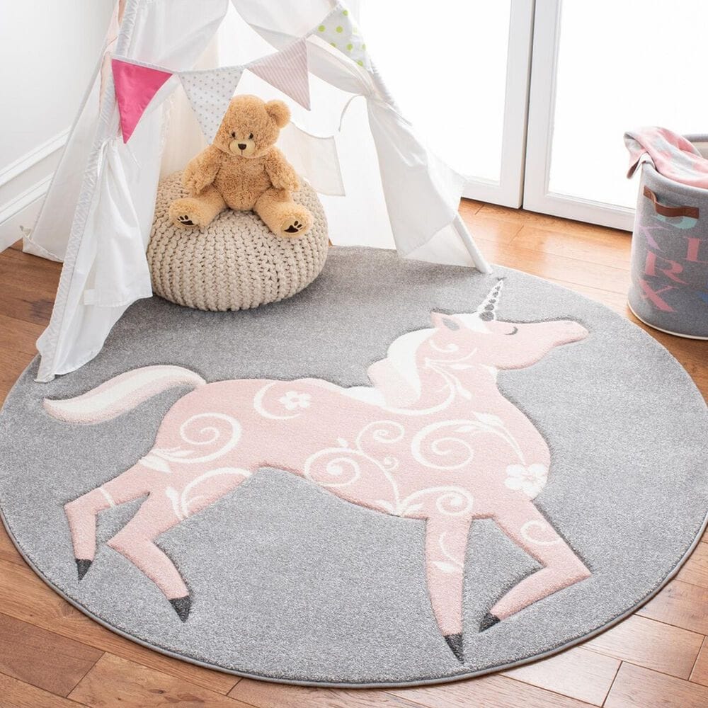Safavieh Carousel Animals 6&#39;7&quot; Round Grey and Pink Kids  Area Rug, , large