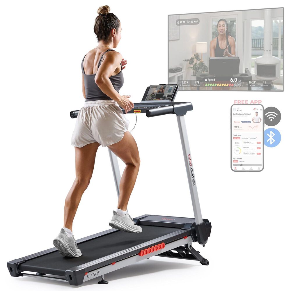 Sunny Health &amp; Fitness Pace 500 Smart Auto Incline Folding Treadmill in Black, Grey and Red, , large