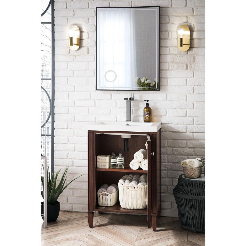 James Martin Vanities Britannia 24&quot; Single Bathroom Vanity in Mid Century Acacia with 3.5 cm White Glossy Resin Top and Rectangular Sink, , large