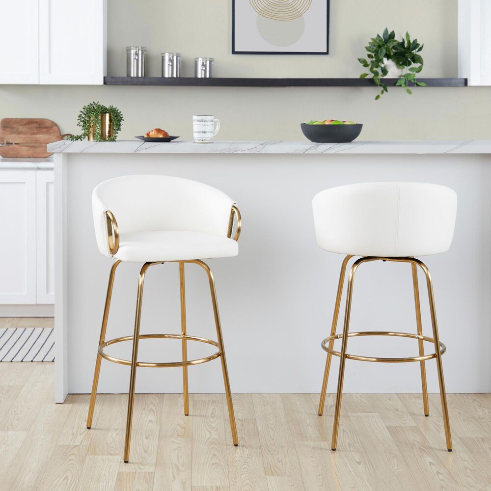 LumiSource Claire Swivel Barstool with White Faux Leather Upholstery in Gold (Set of 2), , large