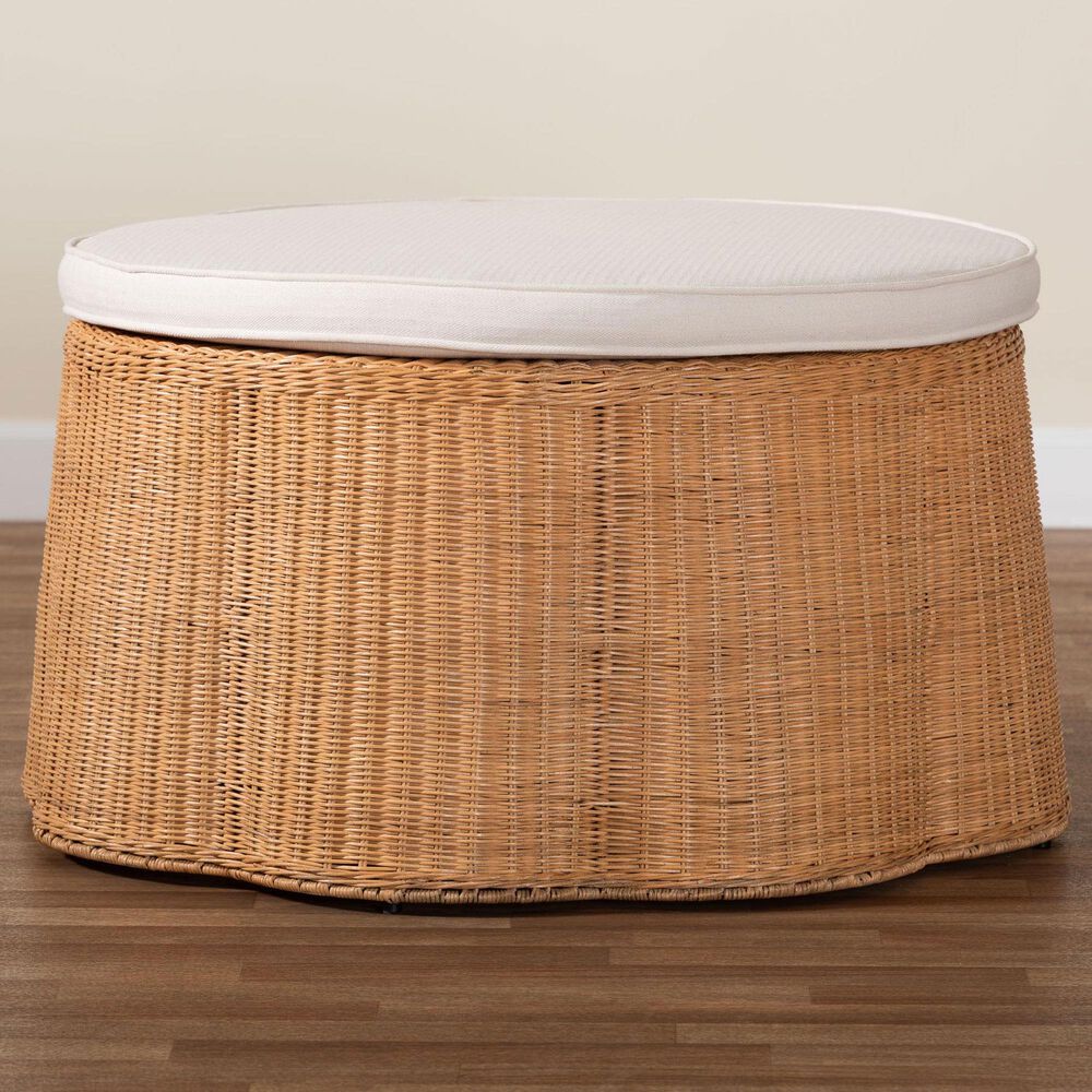 bali &amp; pari Palm 32" Round Ottoman with Light Honey Rattan in White, , large