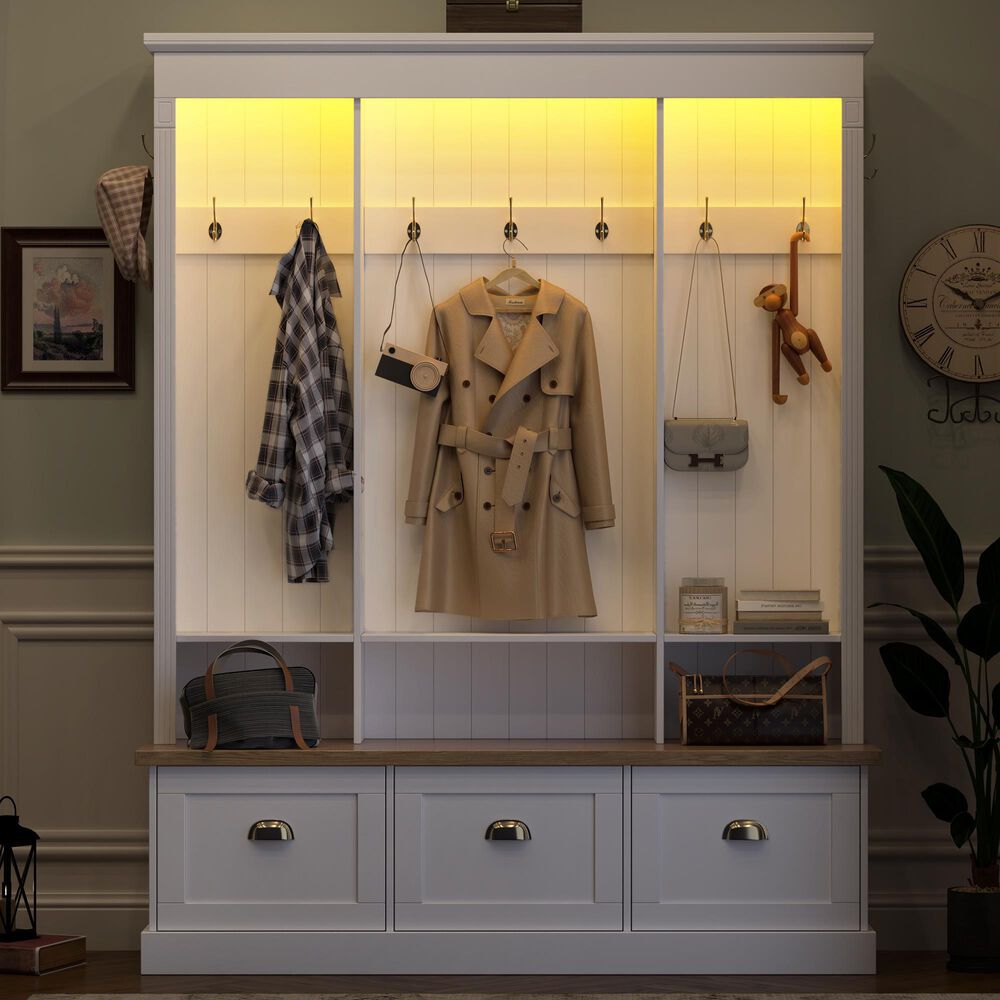 HOMLUX 9-Hook Hall Tree with 3-Cabinet in White and Natural, , large