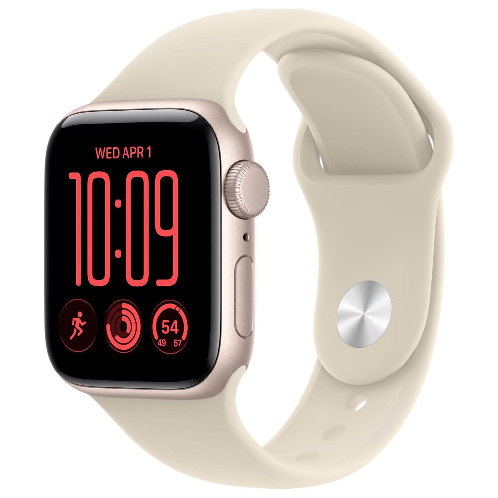 Apple Watch SE 3 (GPS) 40mm Starlight Aluminum Case with Sand Sport Band - M/L and 2-Year AppleCare+, , large
