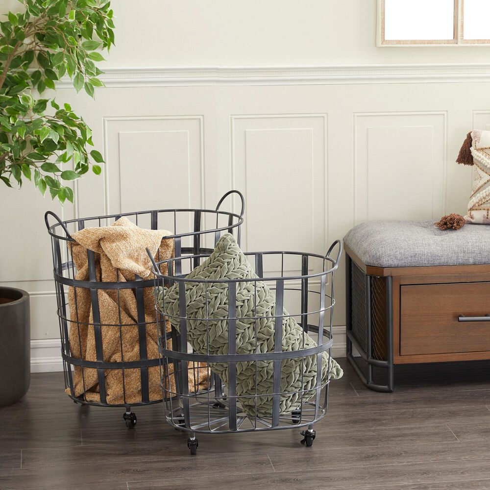 Maple and Jade Industrial Metal Storage Basket in Black &#40;Set of 2&#41;, , large