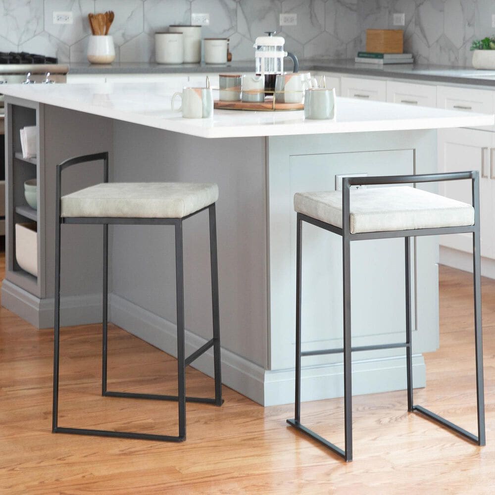 LumiSource Fuji 26" Stacker Counter Stool with Light Grey Cowboy Upholstery in Black (Set of 2), , large