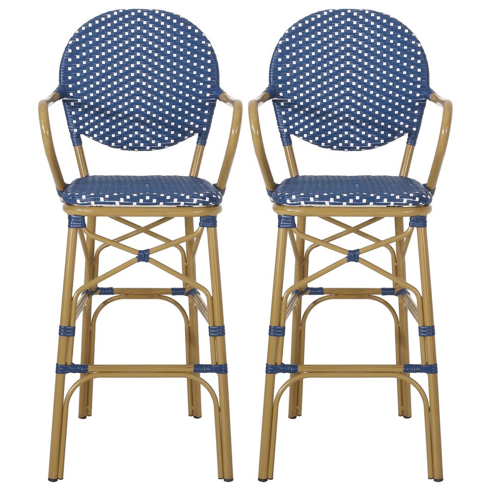 Hearth and Haven Outdoor Wicker Bar Stool with Footrest in Bamboo Print and Navy Blue (Set of 2), , large