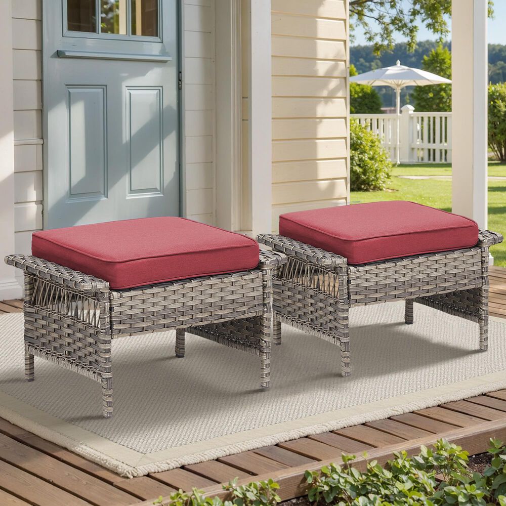 Hearth and Haven Patio Wicker Ottoman with Widened Armrest in Red (Set of 2), , large