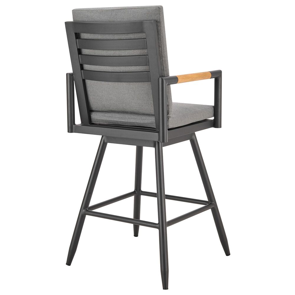 Armen Living Crown Patio Swivel Bar Stool with Dark Gray Cushion in Black, , large