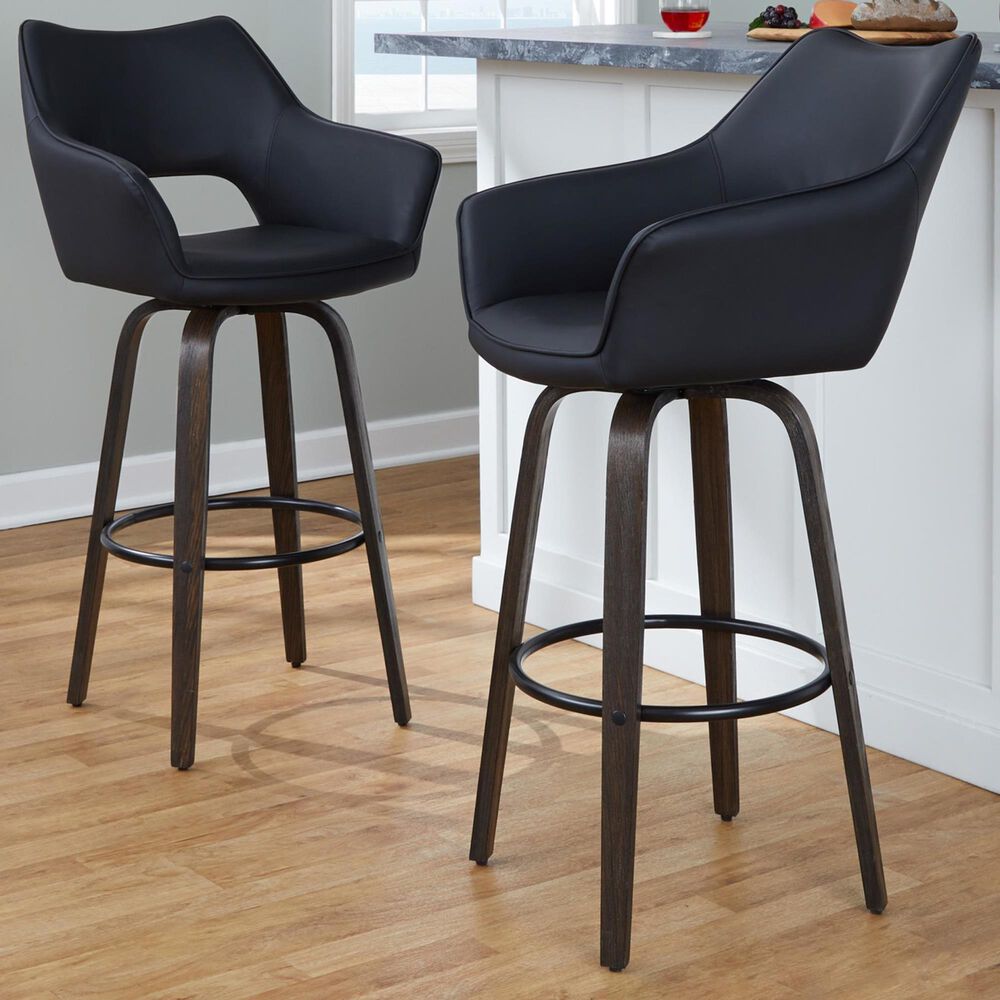 LumiSource Mustang 30" Swivel Bar Stool with Black Faux Leather Upholstery in Glazed Walnut and Black (Set of 2), , large