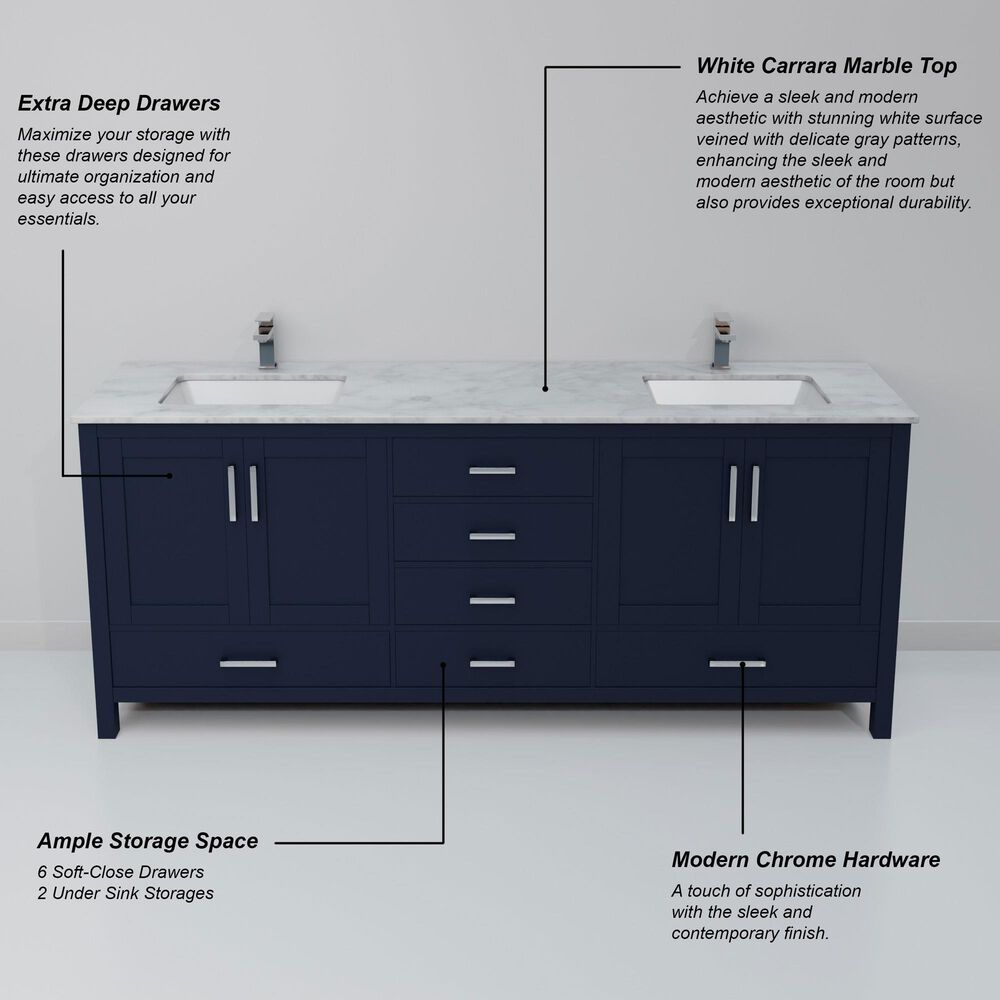 Lexora Home Jacques 72&quot; Double Bathroom Vanity in Navy Blue with 2 cm White Carrara Marble Top and Rectangular Sinks, , large