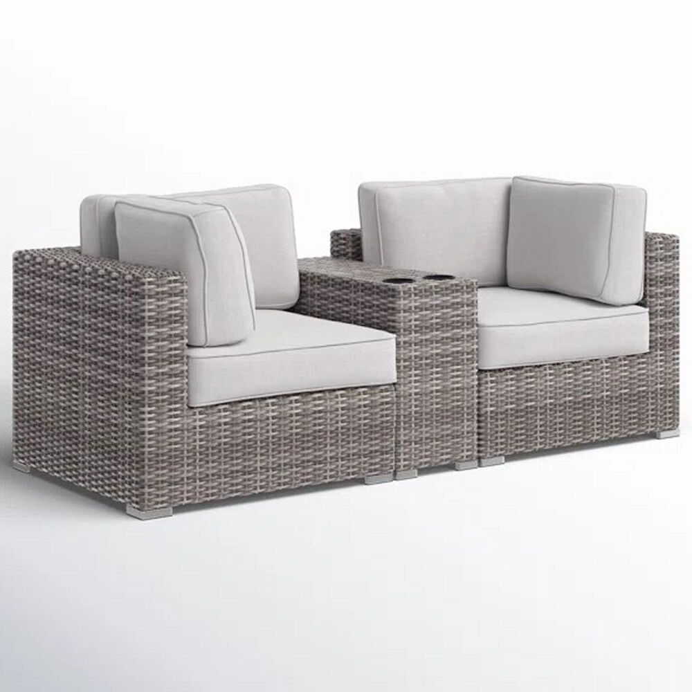 Hearth and Haven Outdoor Wicker Loveseat with Cushions and Built-in Cup Table in Gray, , large