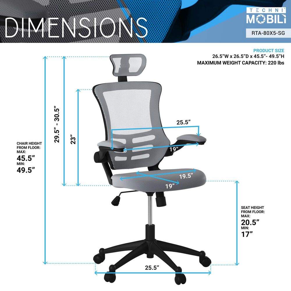 Rta Products Llc Modern High-Back Mesh Executive Office Chair with Headrest and Flip-Up Arms in Silver Grey, , large