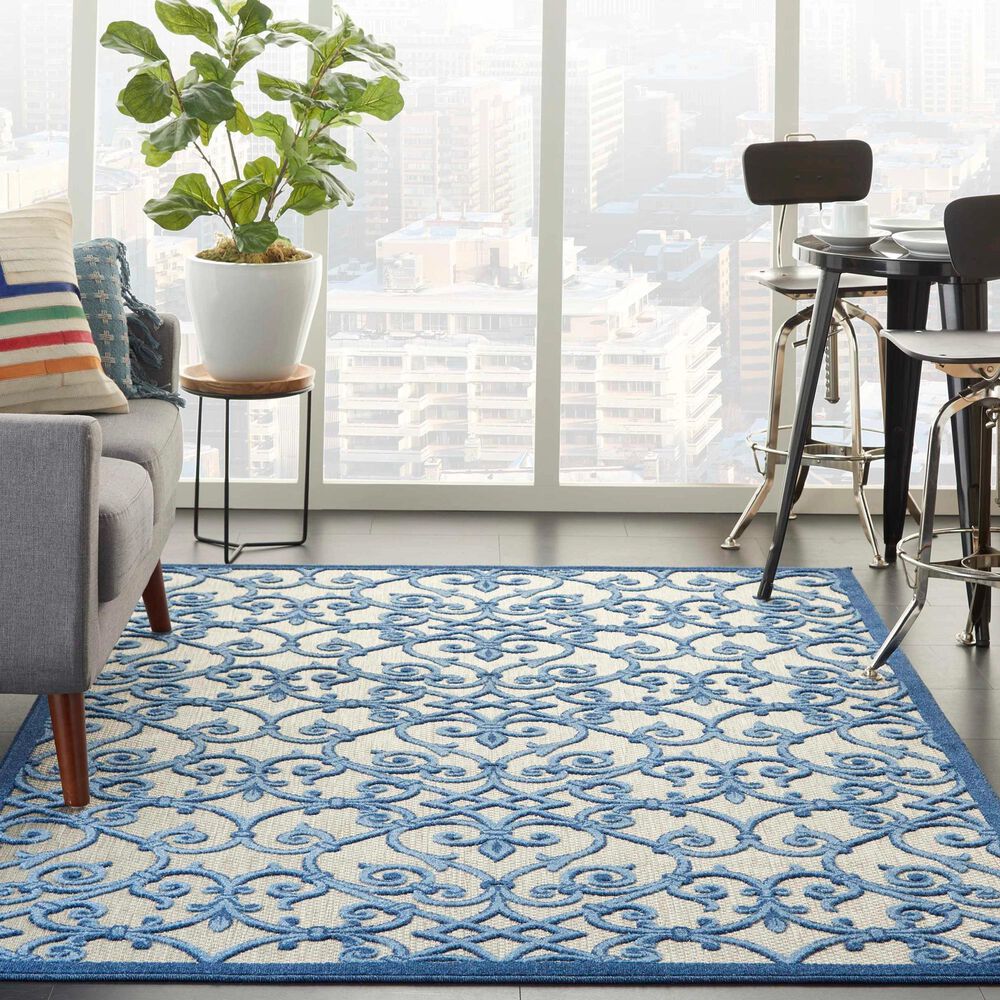 Nourison Aloha Damask 5&#39;3&quot; x 7&#39;5&quot; Grey and Blue Indoor/Outdoor Area Rug, , large