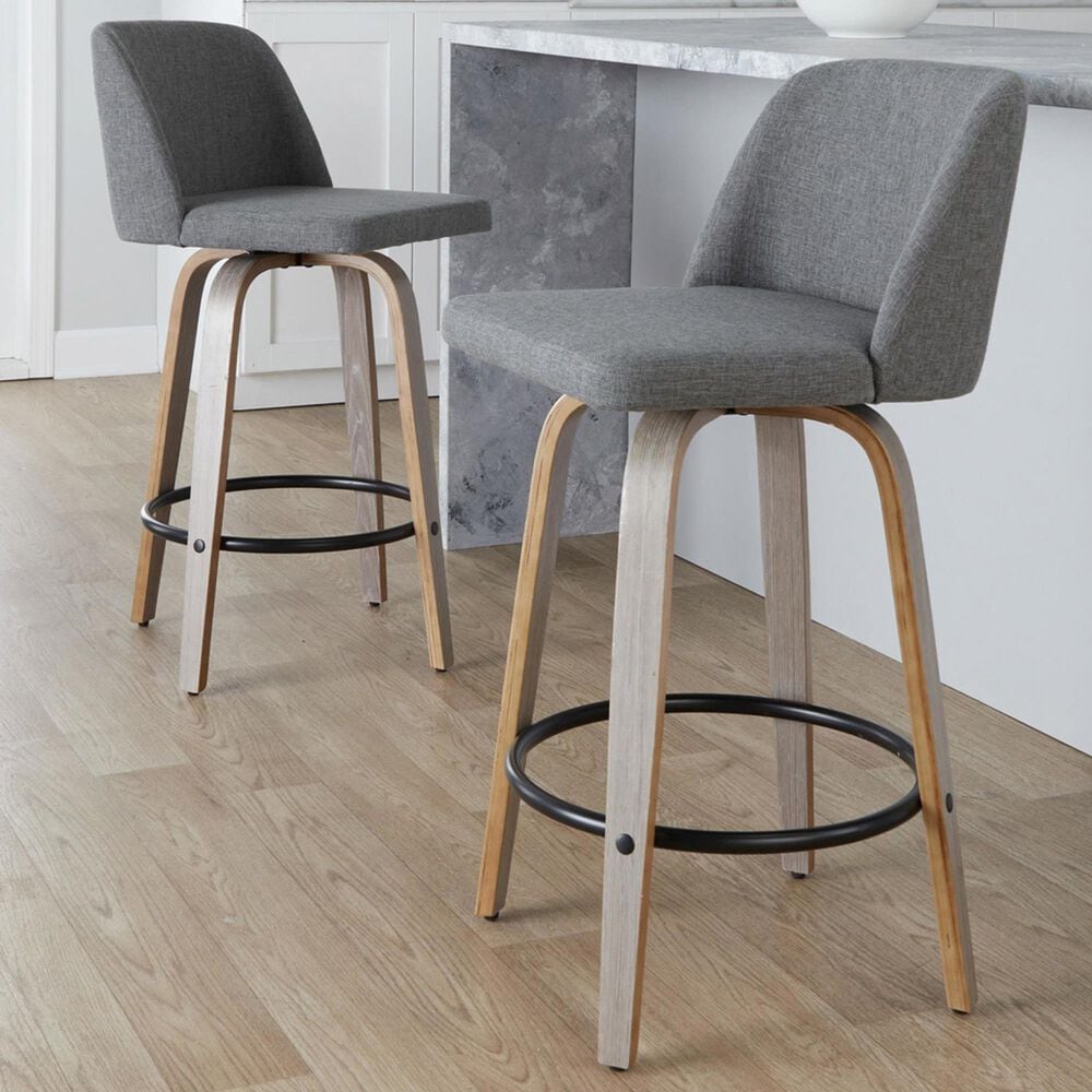 LumiSource Toriano Swivel Counter Stool with Cream Noise Fabric Upholstery in Whitewashed and Black (Set of 2), , large