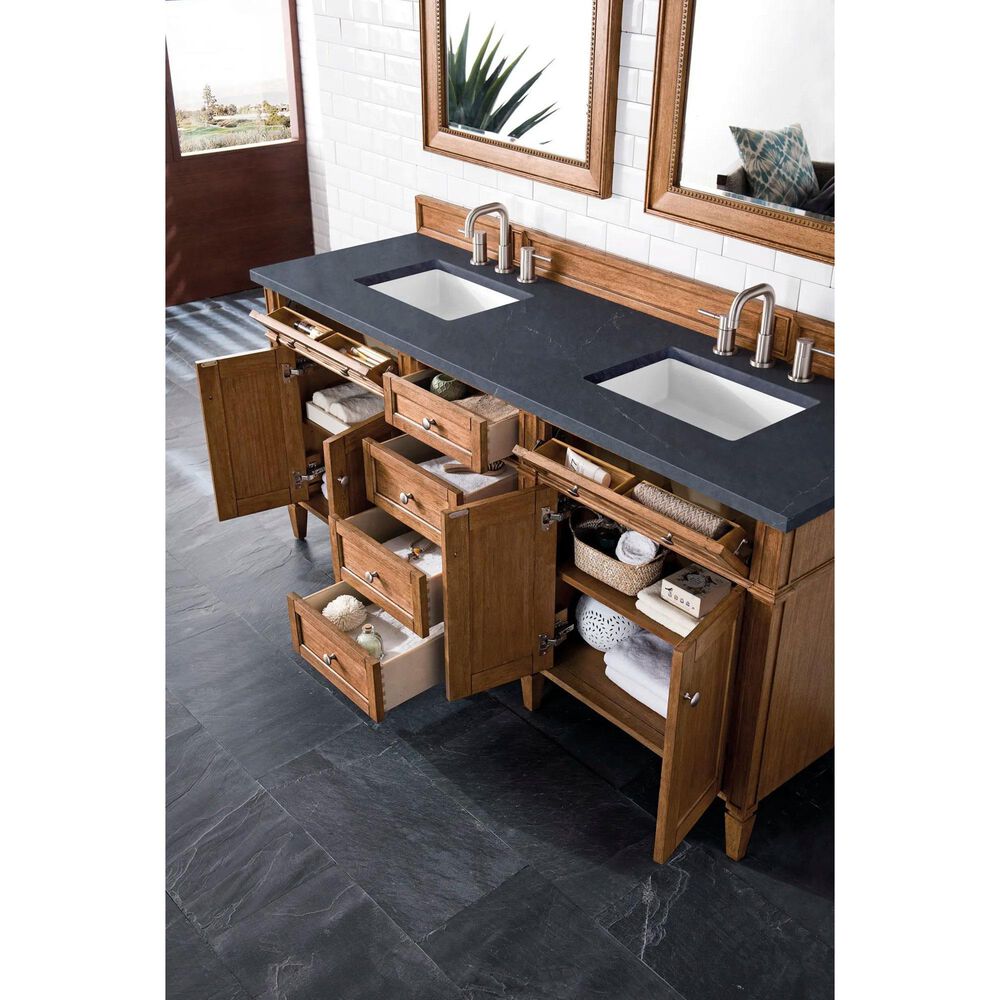 James Martin Vanities Brittany 72" Double Bathroom Vanity in Saddle Brown with 3 cm Charcoal Soapstone Quartz Top and Rectangle Sinks, , large
