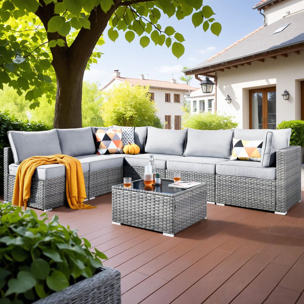 HOMLUX 7-Piece Patio Conversation Set with Grey Wicker in Gray, , large