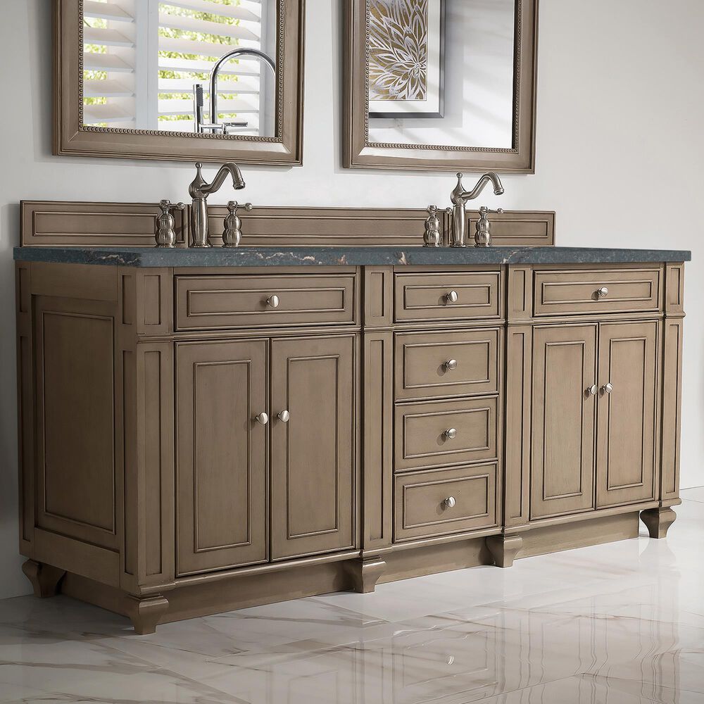 James Martin Vanities Bristol 72&quot; Double Bathroom Vanity in Whitewashed Walnut with 3 cm Parisien Bleu Quartz Top and Rectangular Sinks, , large