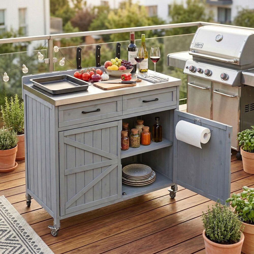 HOMLUX 39" Outdoor Kitchen Island with Stainless Table Top in Grey Blue, , large