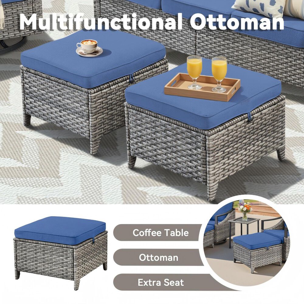 Sunwell Garden 14.2" Ottoman with Navy Cushion in Gray (Set of 2), , large