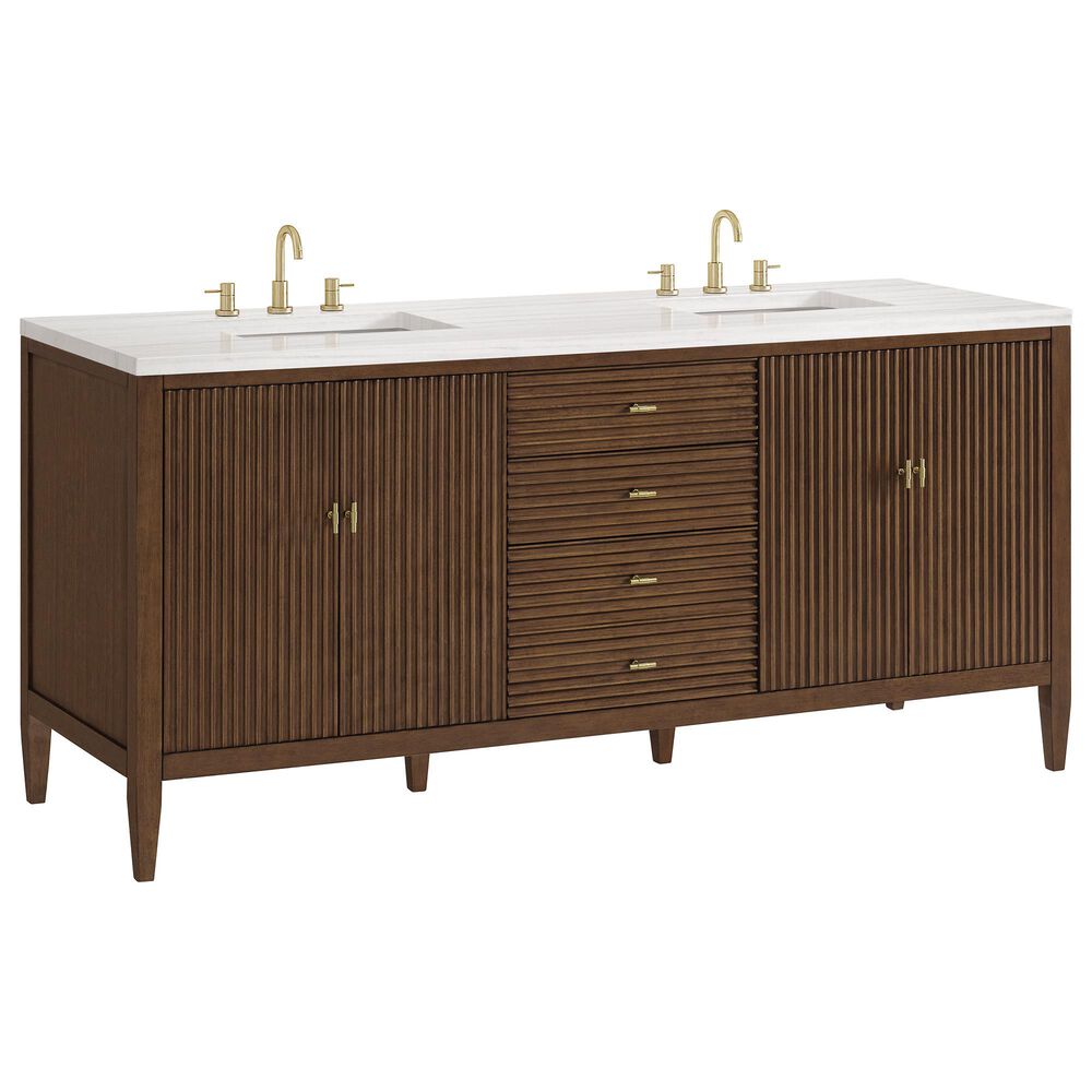 James Martin Vanities Mirin 72" Double Vanity in Mid-Century Walnut with 3 cm Arctic Fall Solid Surface Top, , large