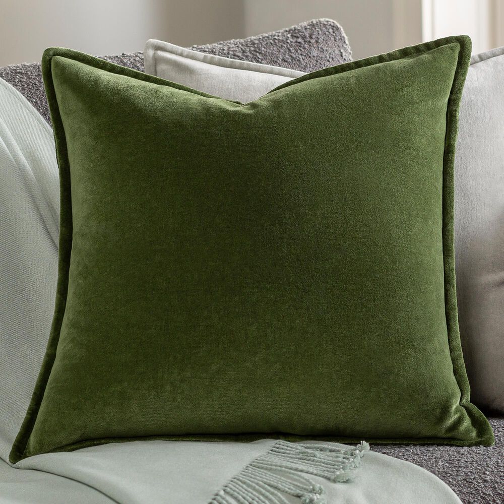 Surya Cotton Velvet 22" Square Throw Pillow in Medium Green, , large