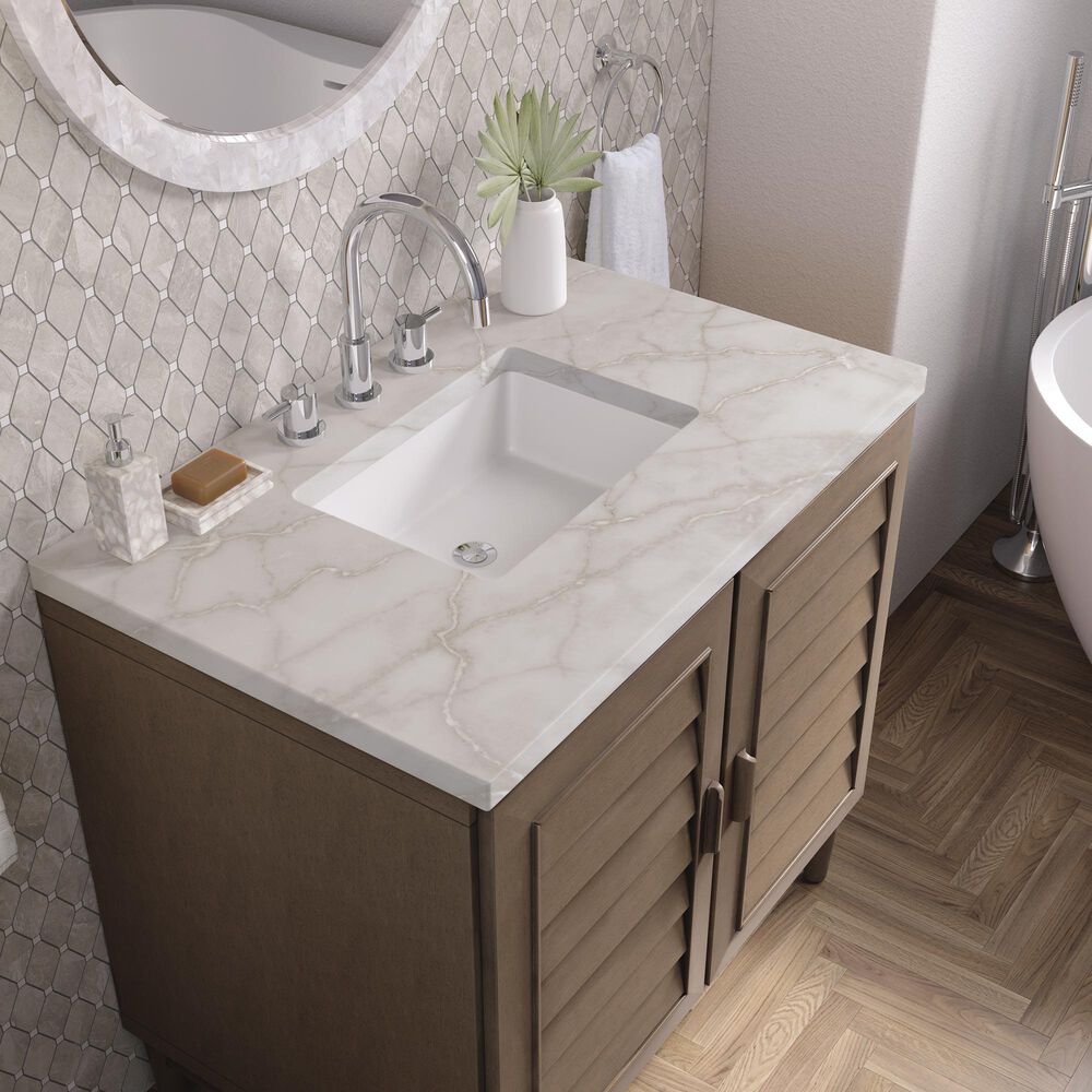 James Martin Vanities Portland 36&quot; Single Bathroom Vanity in Whitewashed Walnut with 3 cm Victorian Silver Quartz Top and Rectangular Sink, , large