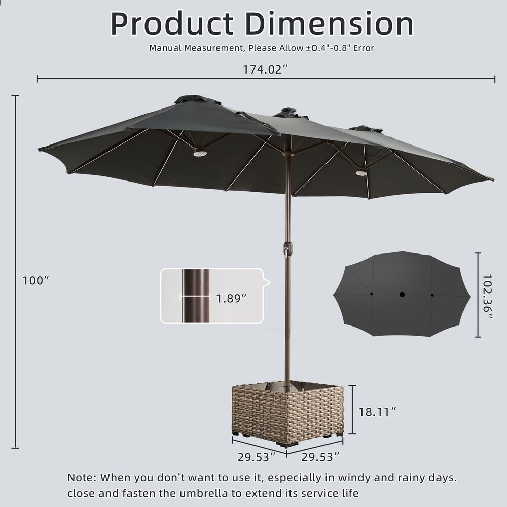 HOMLUX 2-Piece 14.5 ft Patio Umbrella and All-weather Square Rattan Coffee Table Outdoor Set in Dark Gray, , large