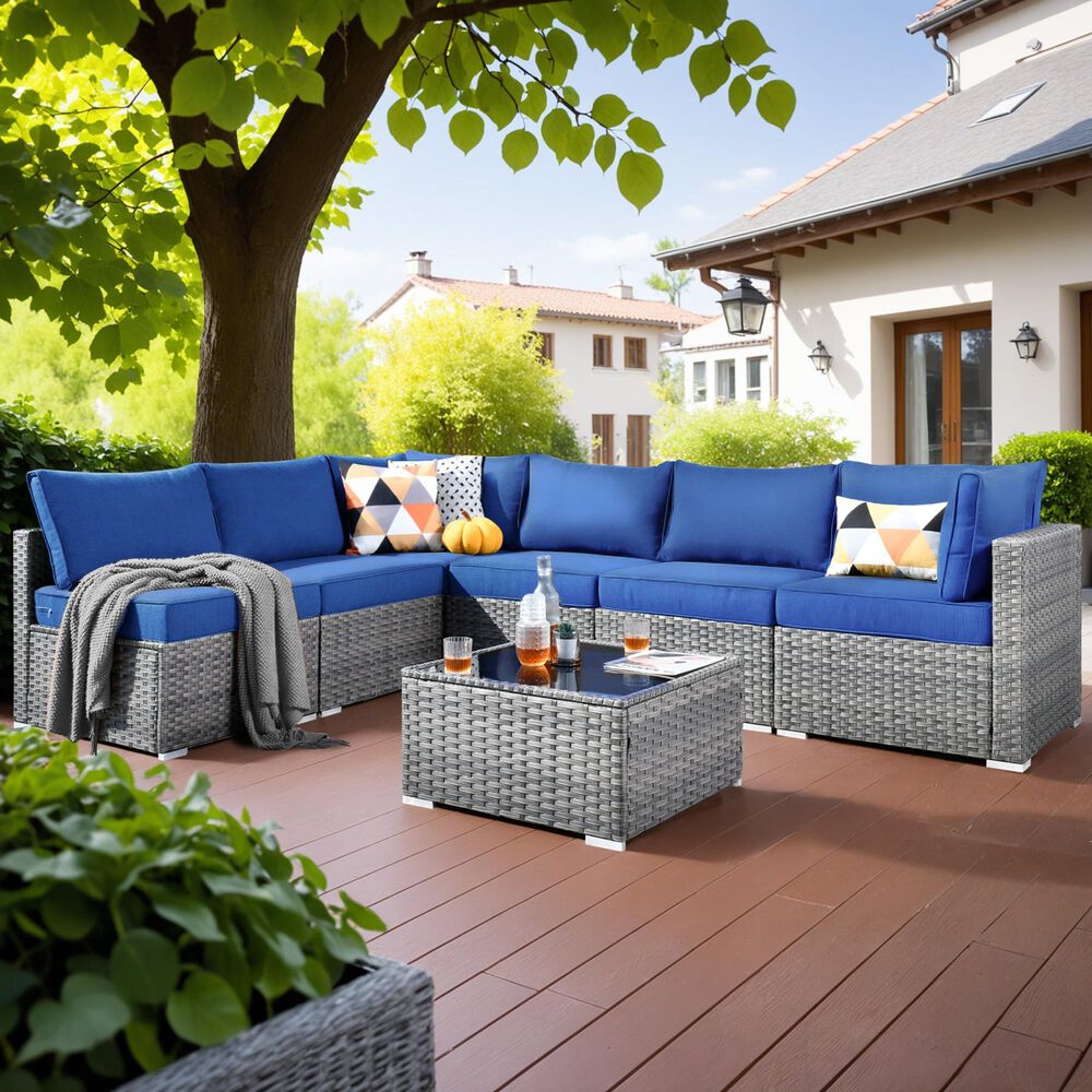 HOMLUX 7-Piece Patio Conversation Set with Grey Wicker in Navy Blue, , large