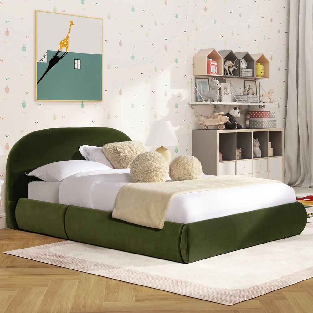 Jennifer Taylor Home Archie Puffy Grounded Queen Upholstered Platform Bed in Olive Green, , large